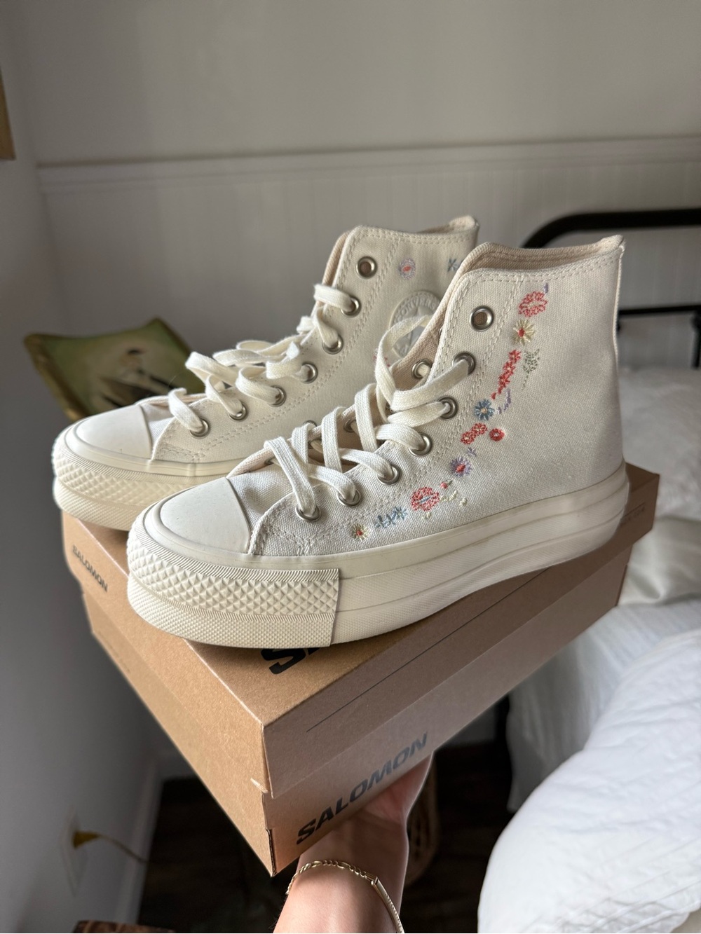 Converse Cream High-Top Canvas Sneakers with Floral Embroidery